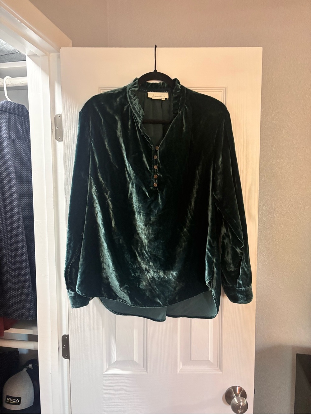 Anthropologie Emerald Green Velvet Button-Placket Blouse